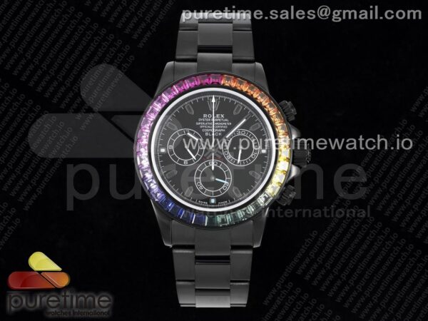 Daytona All Black PVD TWF Best Edition Rainbow Diamonds Bezel Black Dial on PVD Bracelet SA4130 - Image 5