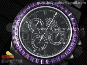 Daytona All Black PVD TWF Best Edition Purple Diamonds Bezel Black Dial on PVD Bracelet SA4130