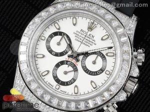 Daytona SS Full Diamonds JVSF 1:1 Best Edition 904L Steel White Panda Dial on Oysterflex Strap A7750