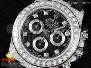 Daytona SS Full Diamonds JVSF 1:1 Best Edition 904L Steel Black Diamonds Dial on Oysterflex Strap A7750