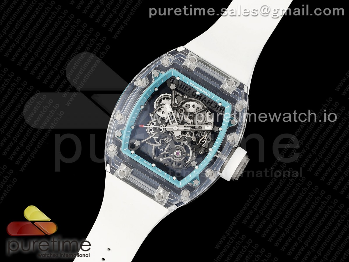 RM055 Cadran bleu Skeleton SONIC transparent sur boucle en nylon blanc RMUL2