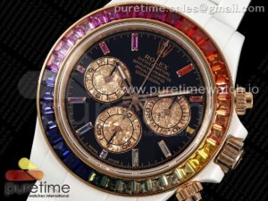 Daytona White Ceramic Case and Bracelet Black Rainbow Dial Rainbow Bezel Noob Best Edition SA4130