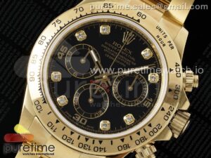 Daytona 116508 YG OMF Best Edition Black Diamonds Dial on YG Bracelet A7750 (Slim Movement)