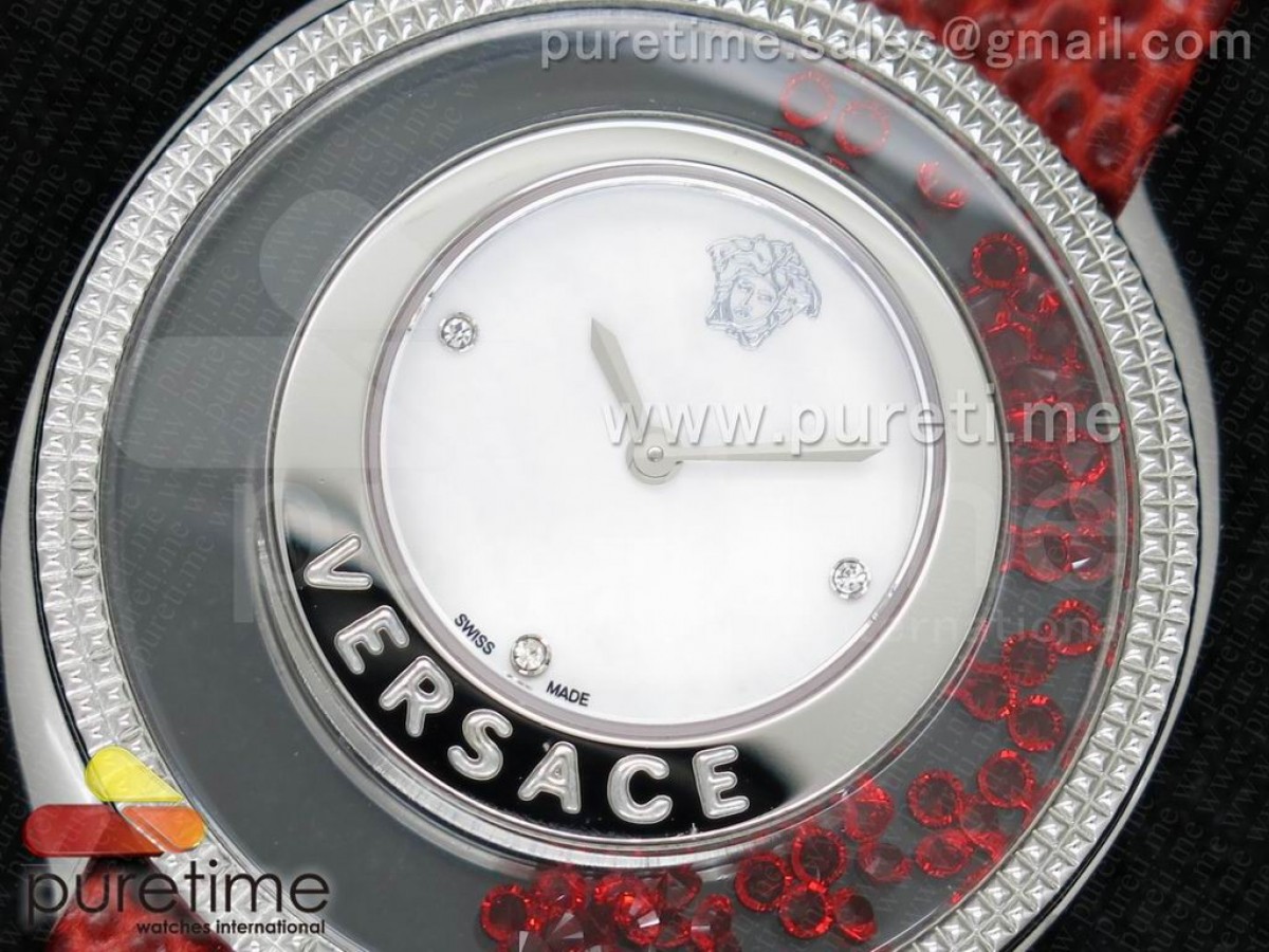 Destiny Spirit SS Color Crystal Bezel White MOP Dial on Red Leather Strap ETA Quartz