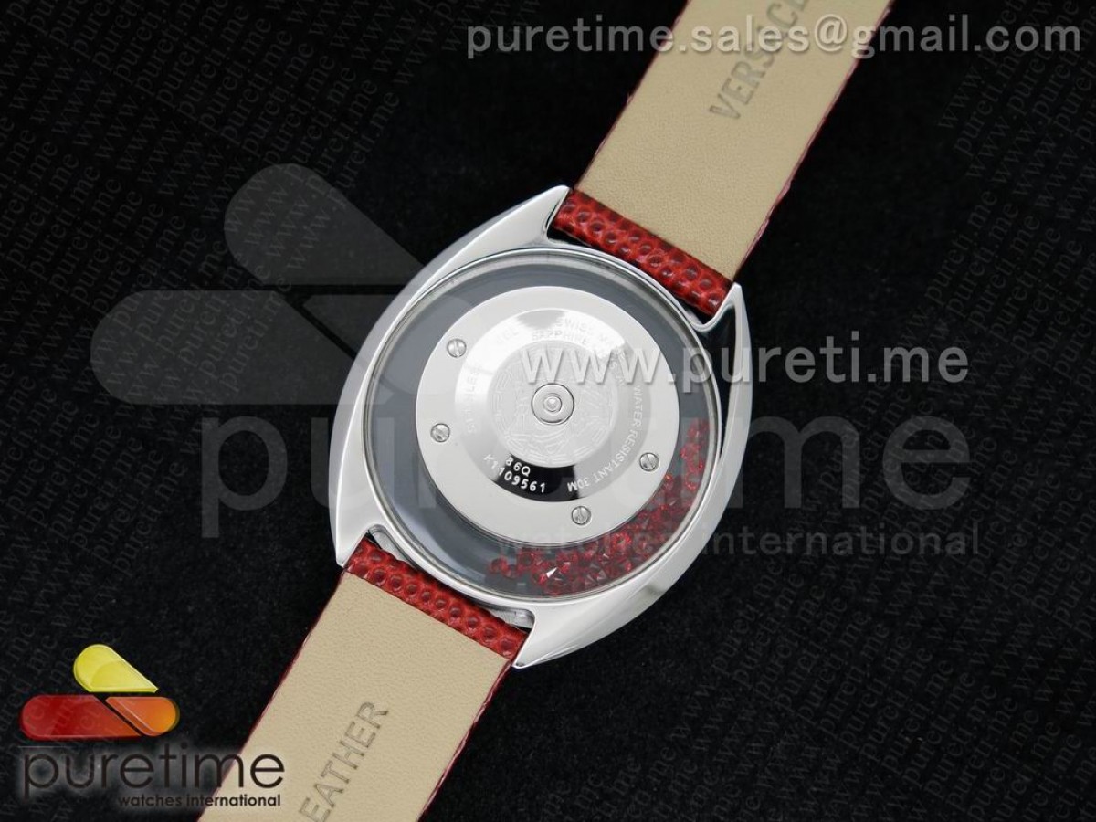 Destiny Spirit SS Color Crystal Bezel White MOP Dial on Red Leather Strap ETA Quartz