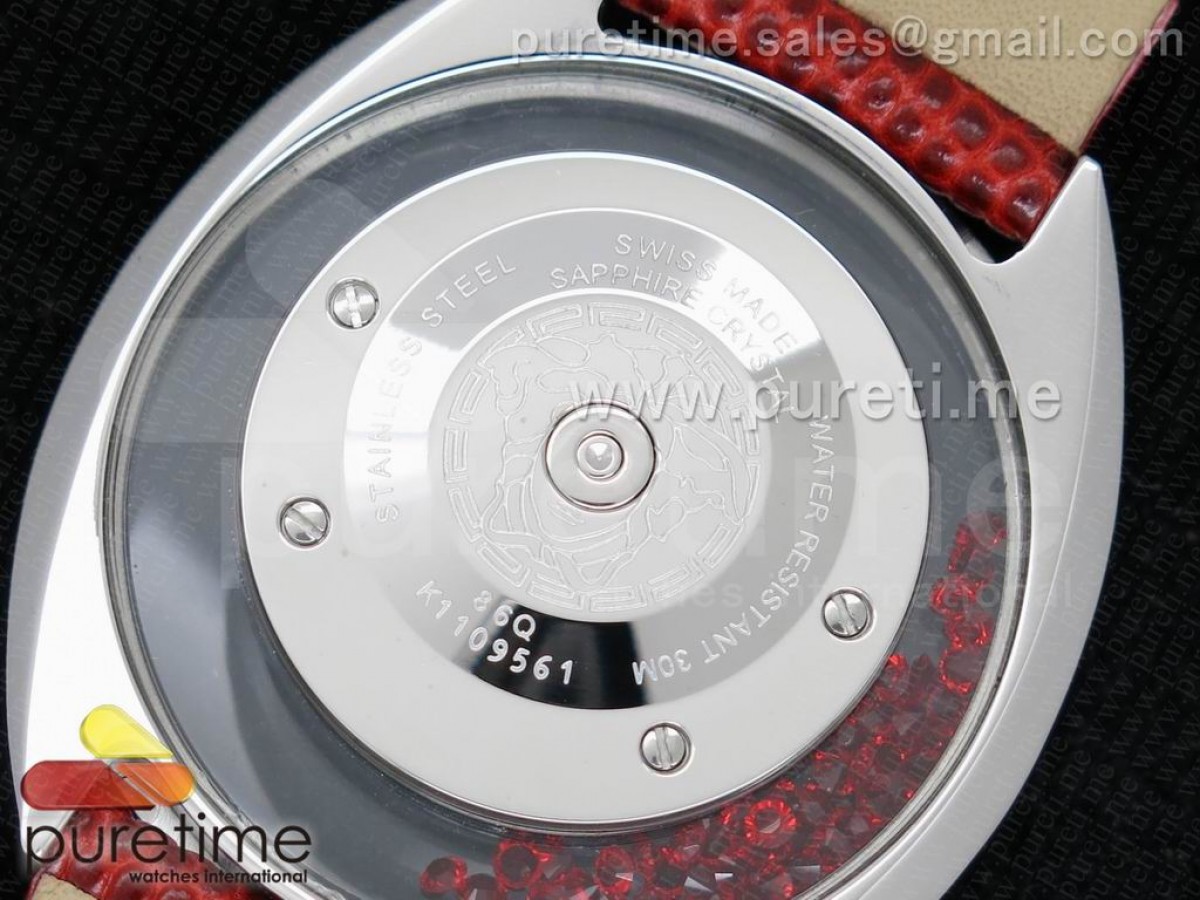 Destiny Spirit SS Color Crystal Bezel White MOP Dial on Red Leather Strap ETA Quartz