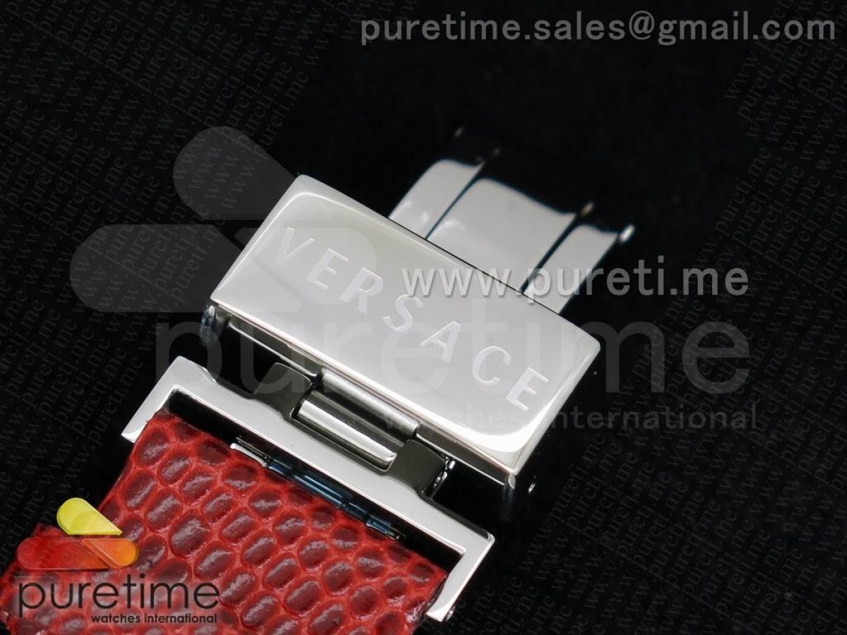 Destiny Spirit SS Color Crystal Bezel White MOP Dial on Red Leather Strap ETA Quartz
