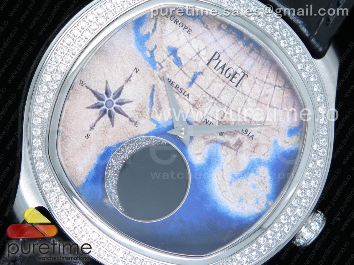 Emperador Coussin Moonphase Mythical Journey SS Diamonds Bezel on Black Leather Strap A860P