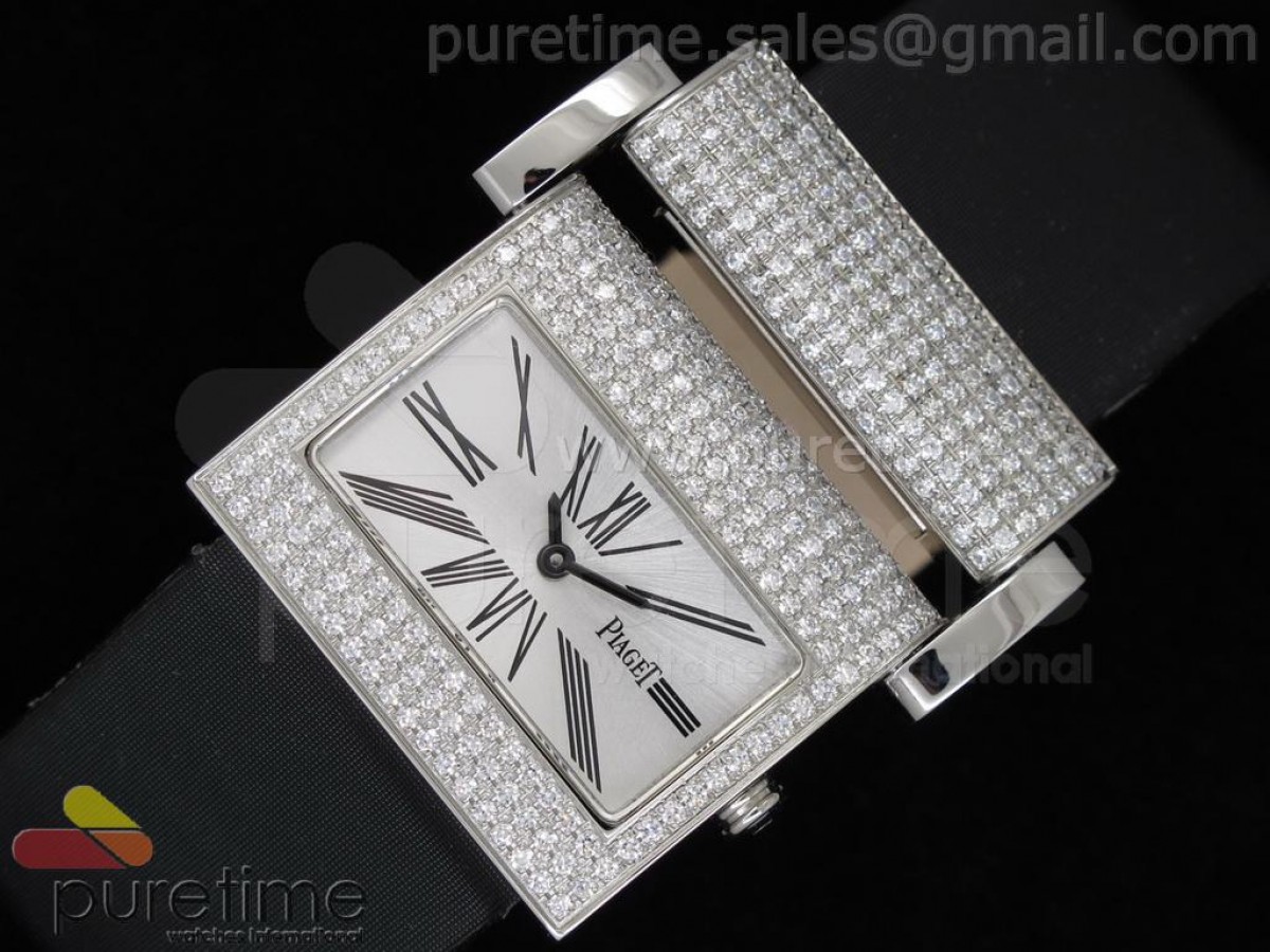 Miss Protocole SS Diamond Paved White Dial on Black Nylon Strap Swiss Ronda Quartz