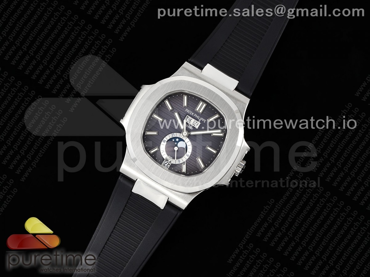 Nautilus 5726 Complicated SS PPF Gray Textured Dial on Black Rubber Strap A324