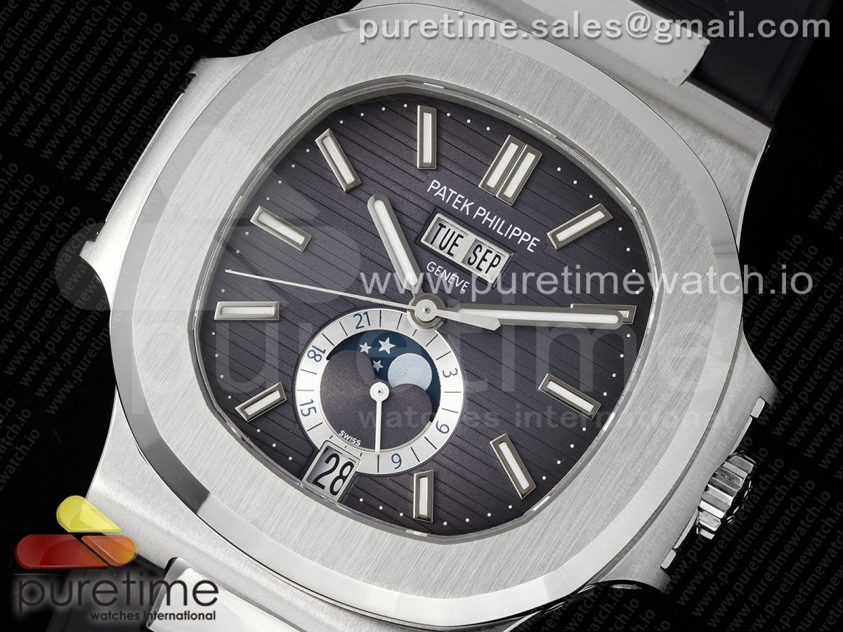 Nautilus 5726 Complicated SS PPF Gray Textured Dial on Black Rubber Strap A324