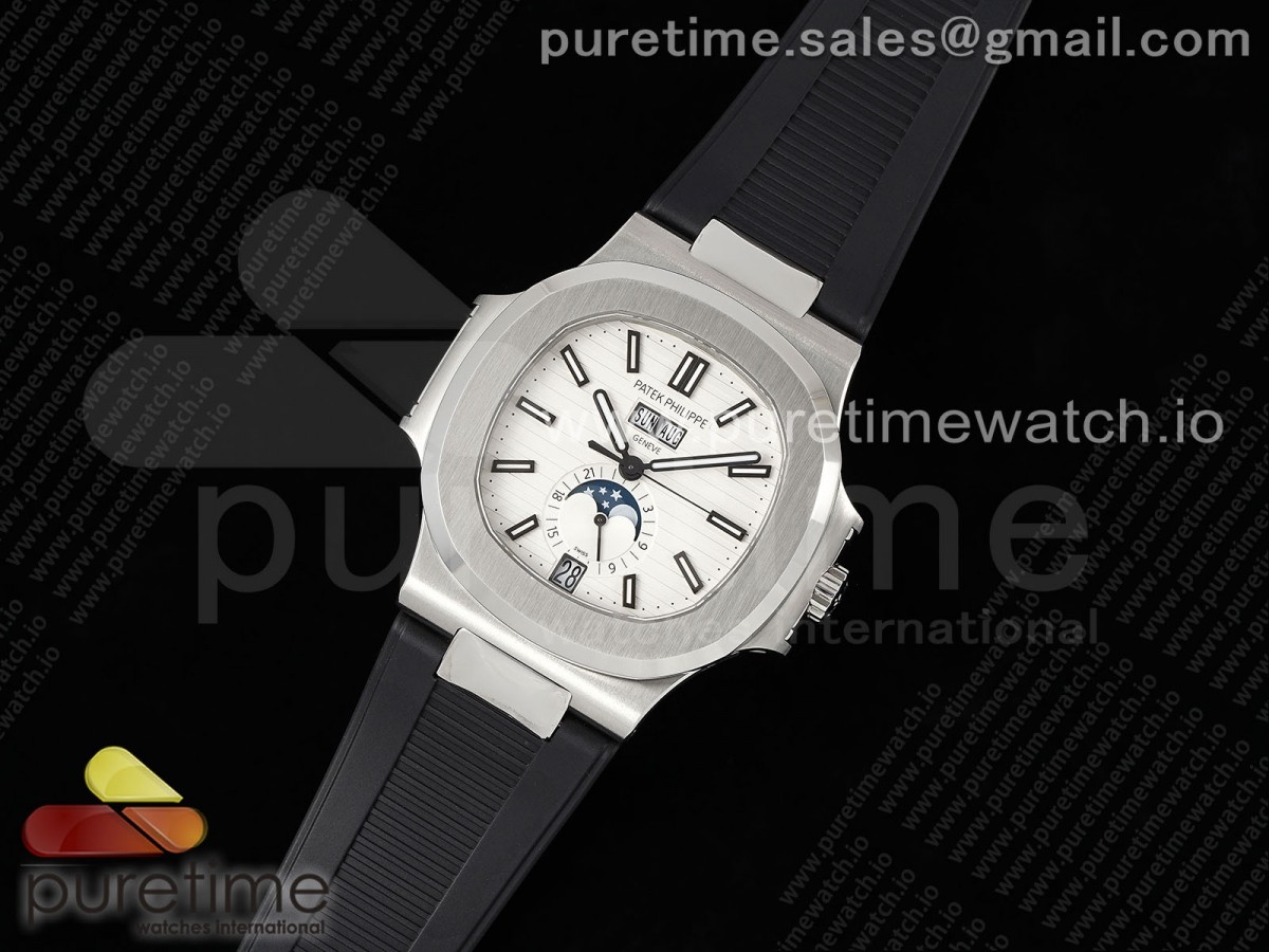 Nautilus 5726 Complicated SS PPF White Textured Dial on Black Rubber Strap A324