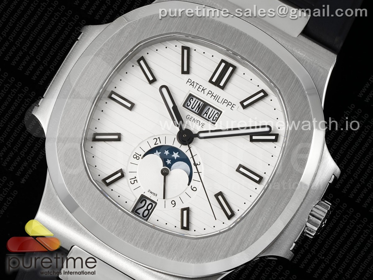 Nautilus 5726 Complicated SS PPF White Textured Dial on Black Rubber Strap A324