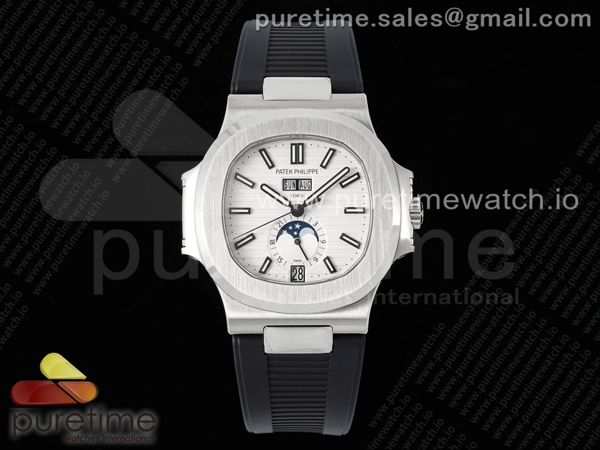 Nautilus 5726 Complicated SS PPF White Textured Dial on Black Rubber Strap A324