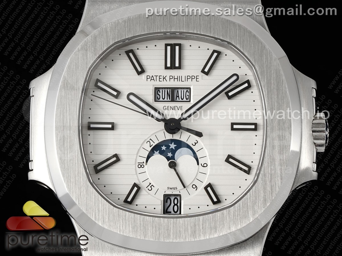Nautilus 5726 Complicated SS PPF White Textured Dial on Black Rubber Strap A324