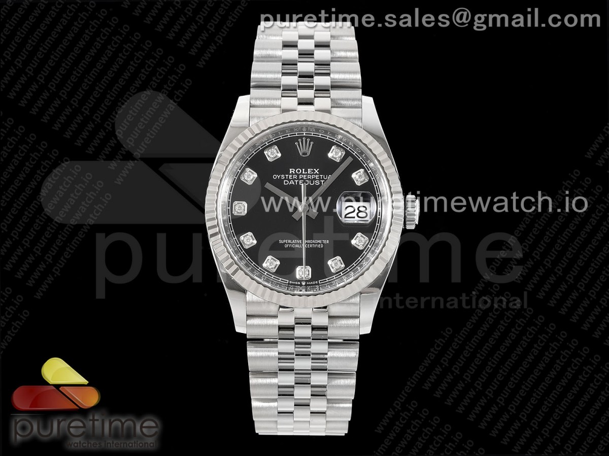 DateJust 36 126234 Clean 904L Steel Black Diamonds Dial on Jubilee Bracelet VR3235