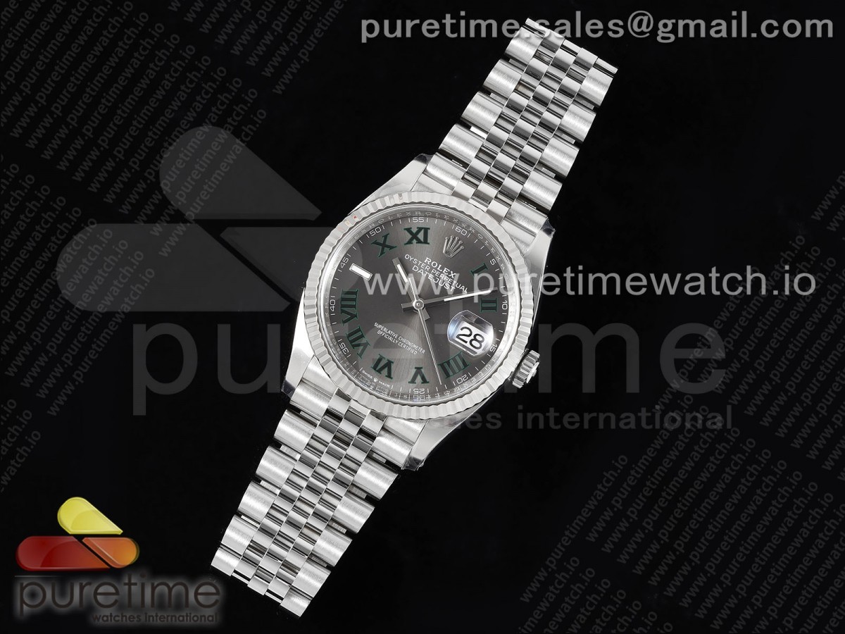 DateJust 36 126234 Clean 904L Steel Gray Dial Green Roman Markers on Jubilee Bracelet VR3235