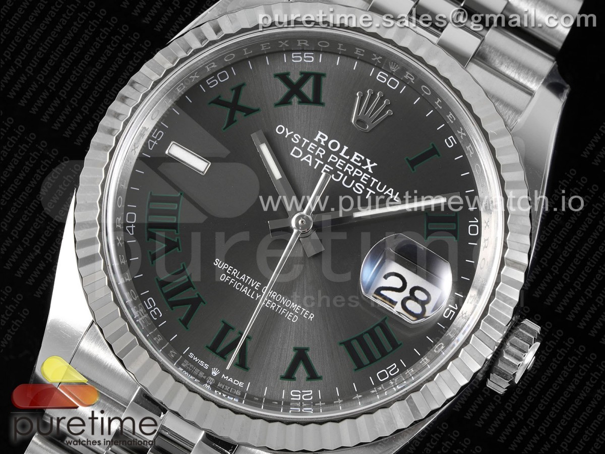 DateJust 36 126234 Clean 904L Steel Gray Dial Green Roman Markers on Jubilee Bracelet VR3235