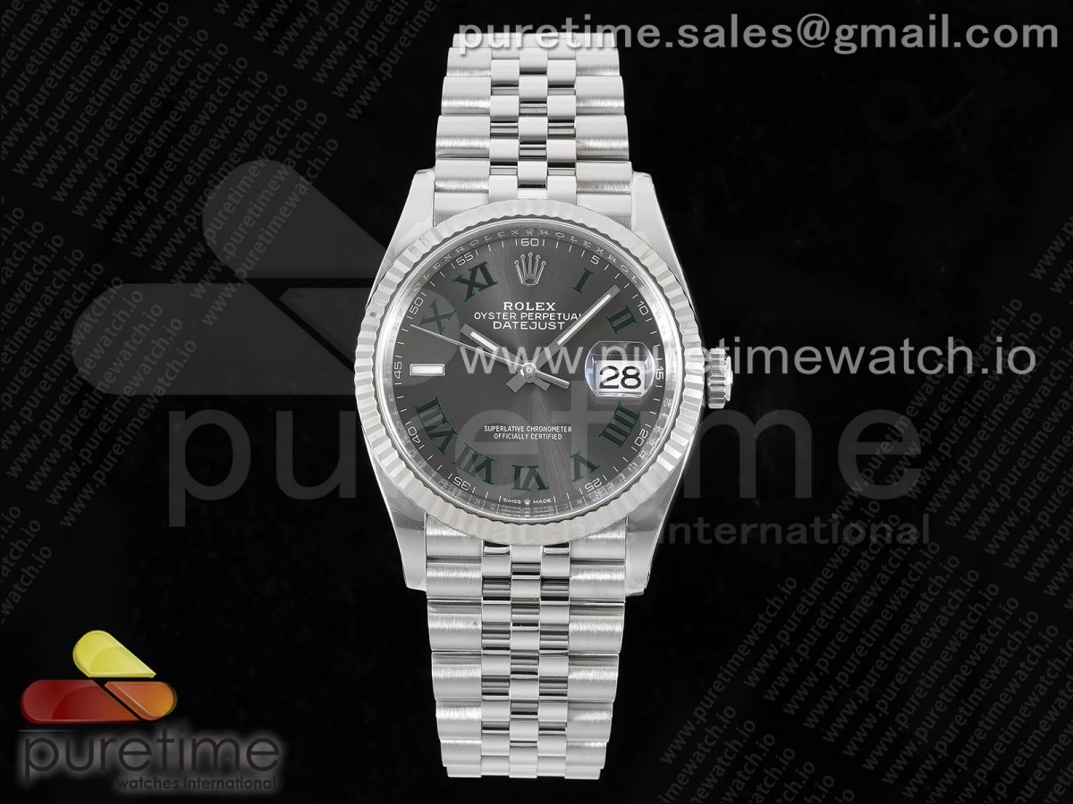 DateJust 36 126234 Clean 904L Steel Gray Dial Green Roman Markers on Jubilee Bracelet VR3235
