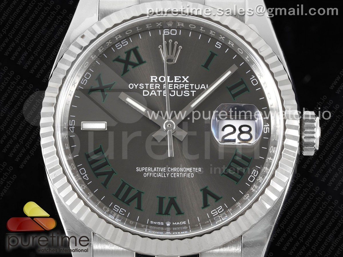 DateJust 36 126234 Clean 904L Steel Gray Dial Green Roman Markers on Jubilee Bracelet VR3235