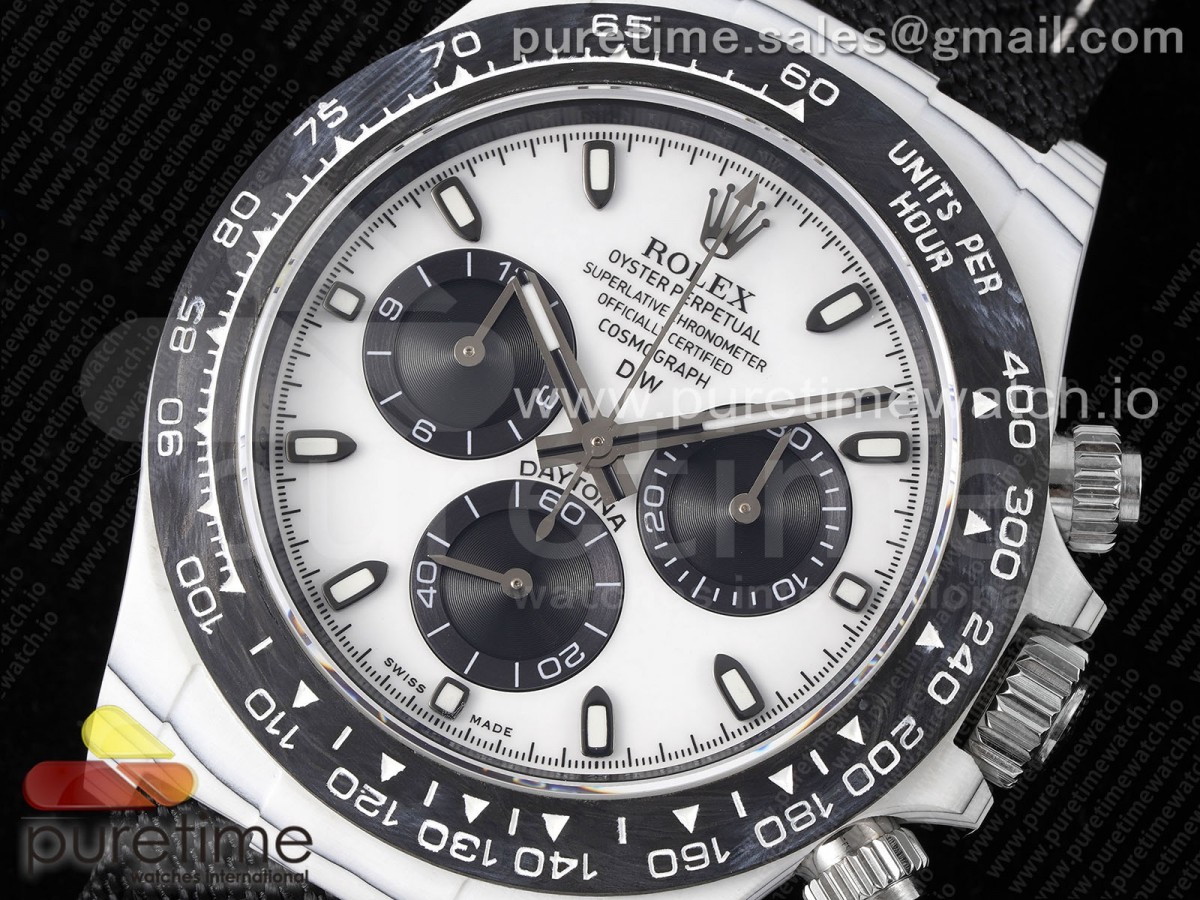 Daytona DIW White Carbon Case and Bezel N6F White/Black Dial on Black Nylon Strap SA4130