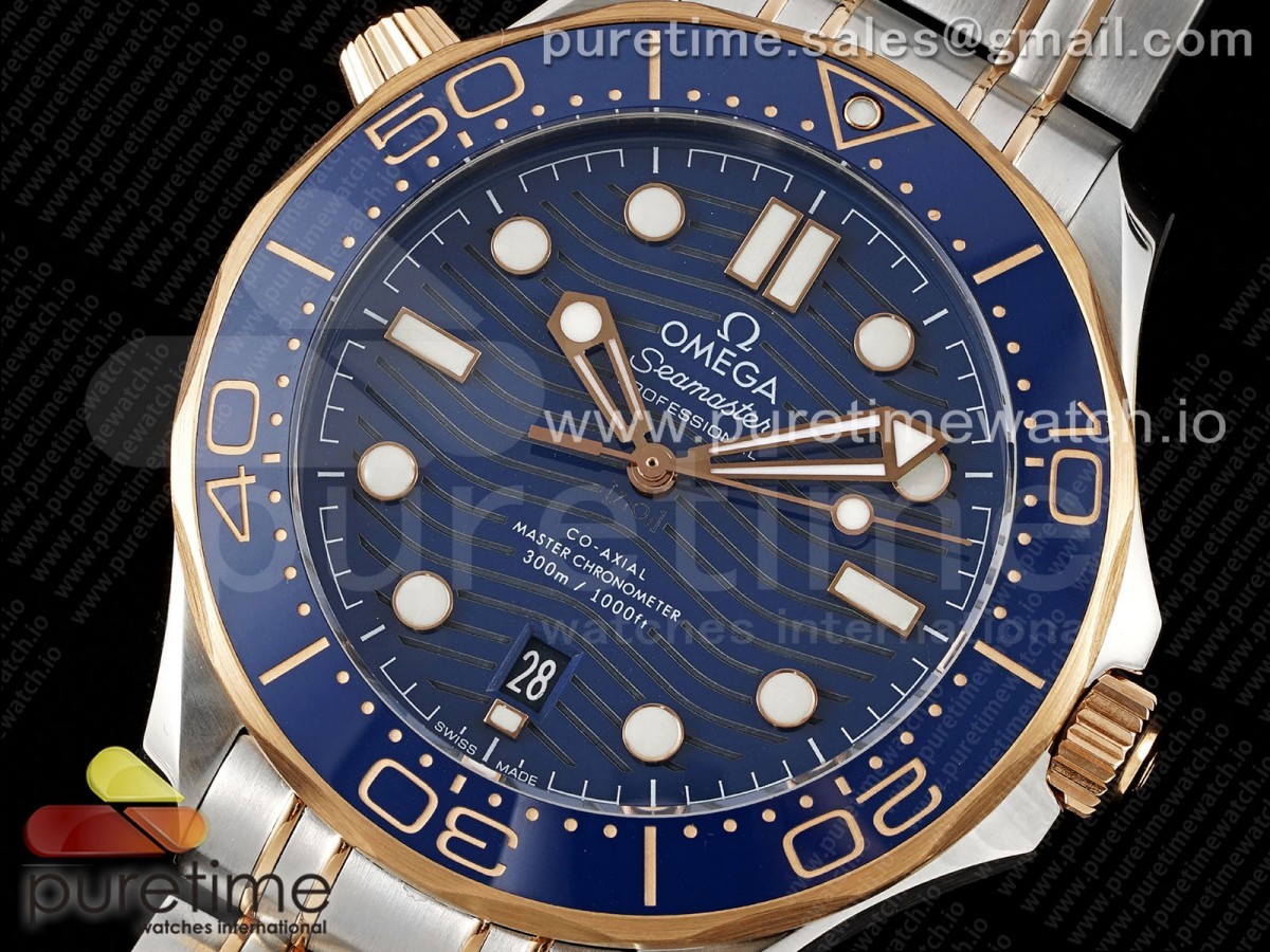 Seamaster Diver 300M SS/RG Blue Ceramic Bezel JVSF Blue Dial on SS/RG Bracelet A2824