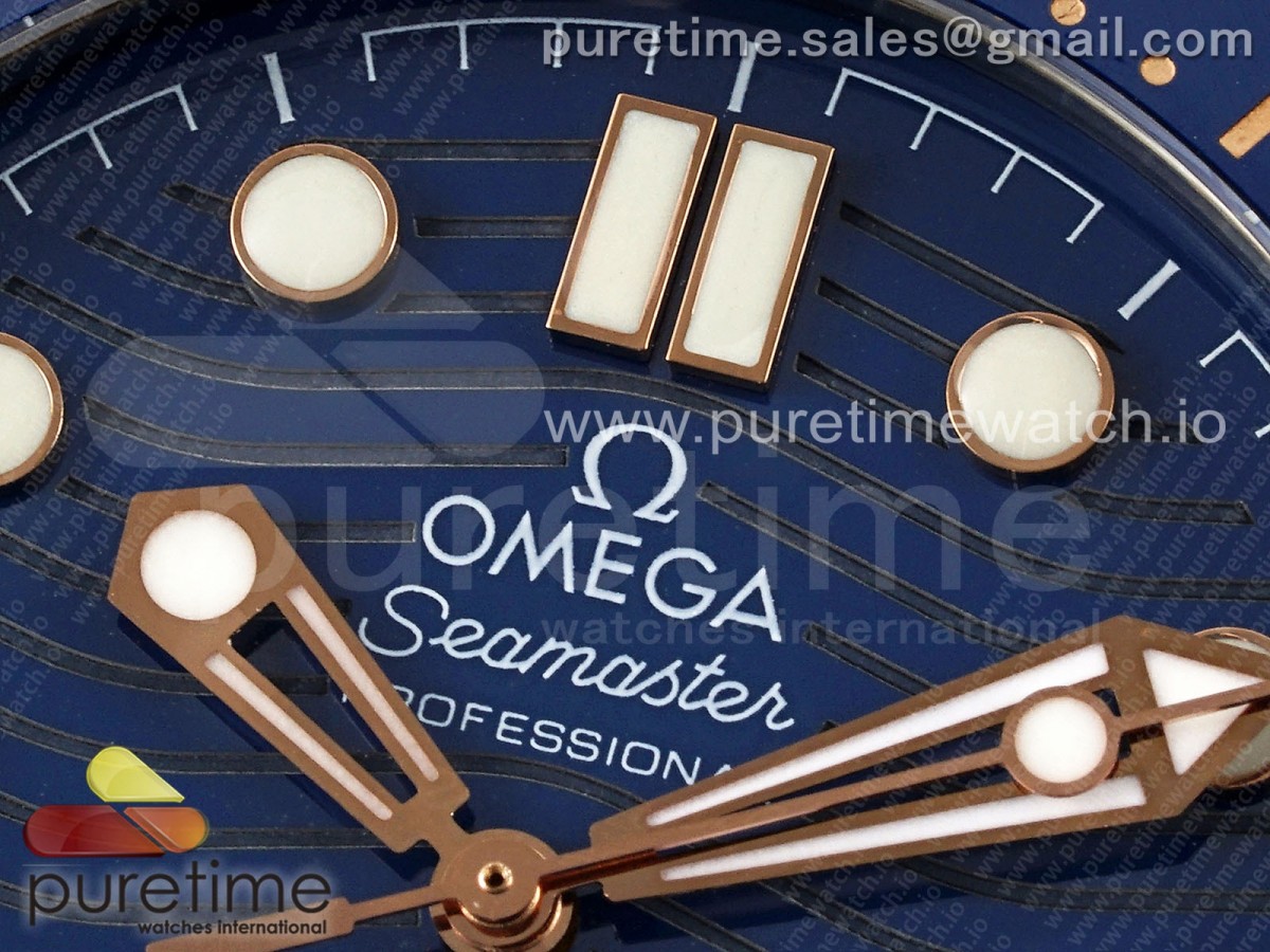 Seamaster Diver 300M SS/RG Blue Ceramic Bezel JVSF Blue Dial on SS/RG Bracelet A2824