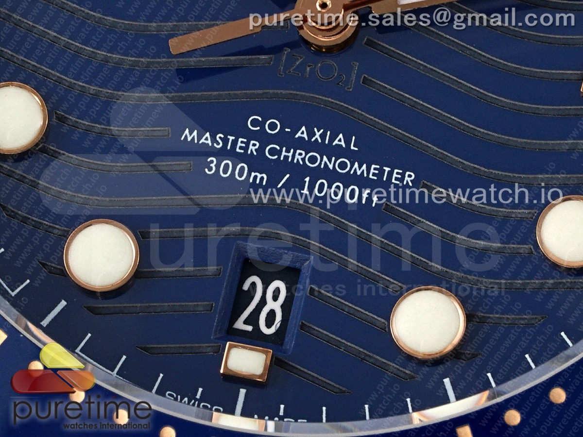 Seamaster Diver 300M SS/RG Blue Ceramic Bezel JVSF Blue Dial on SS/RG Bracelet A2824