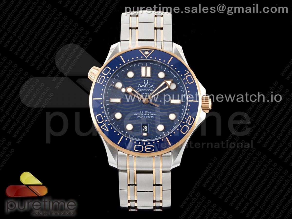 Seamaster Diver 300M SS/RG Blue Ceramic Bezel JVSF Blue Dial on SS/RG Bracelet A2824