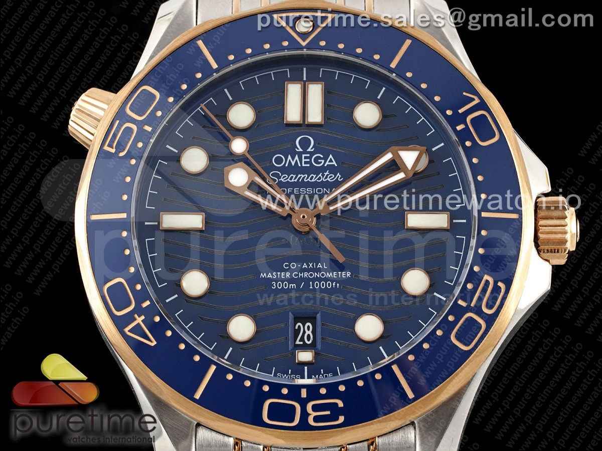 Seamaster Diver 300M SS/RG Blue Ceramic Bezel JVSF Blue Dial on SS/RG Bracelet A2824
