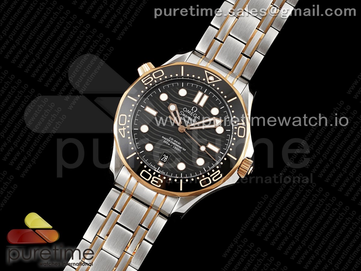 Seamaster Diver 300M SS/RG Black Ceramic Bezel JVSF Black Dial on SS/RG Bracelet A2824