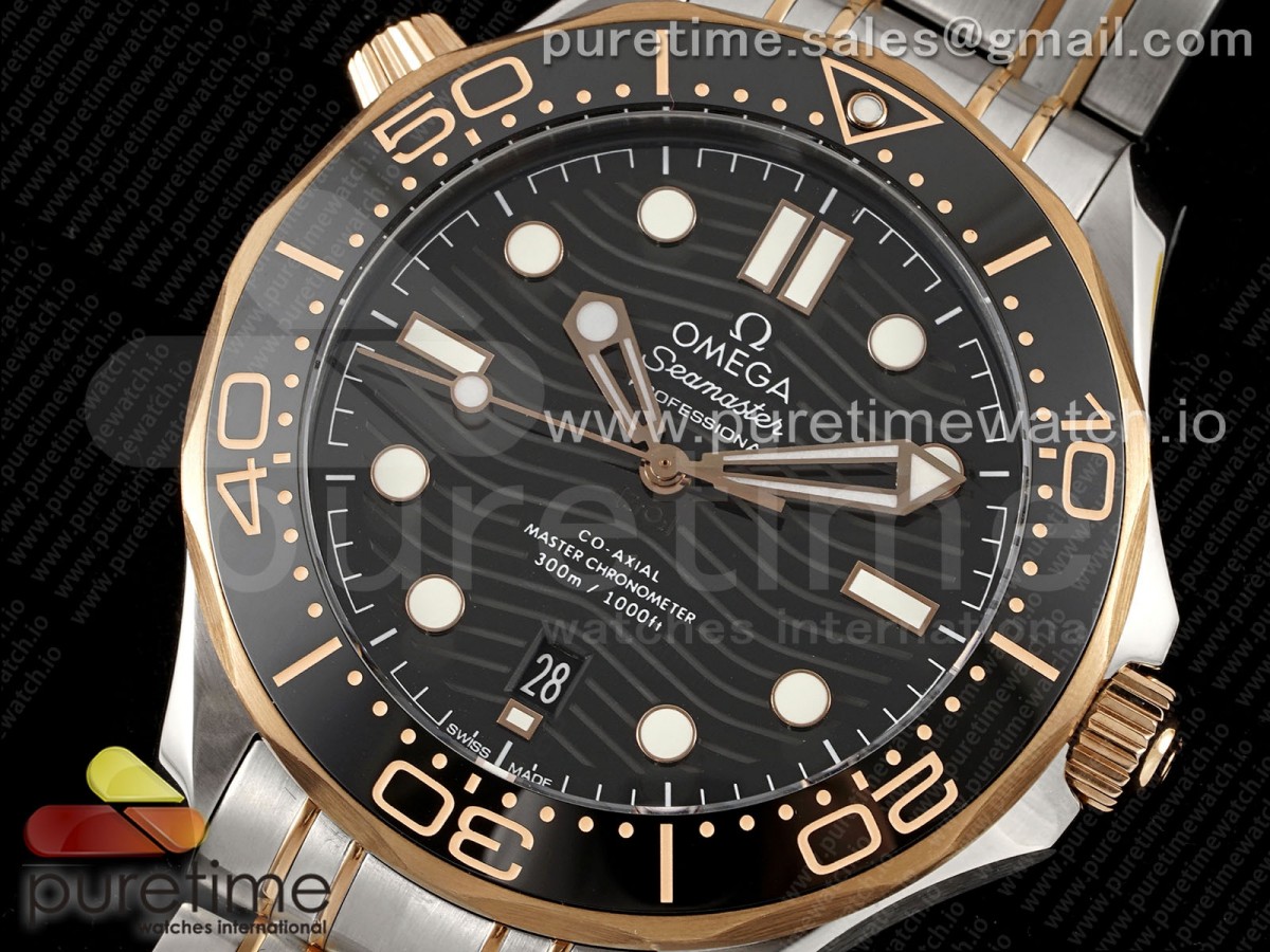 Seamaster Diver 300M SS/RG Black Ceramic Bezel JVSF Black Dial on SS/RG Bracelet A2824