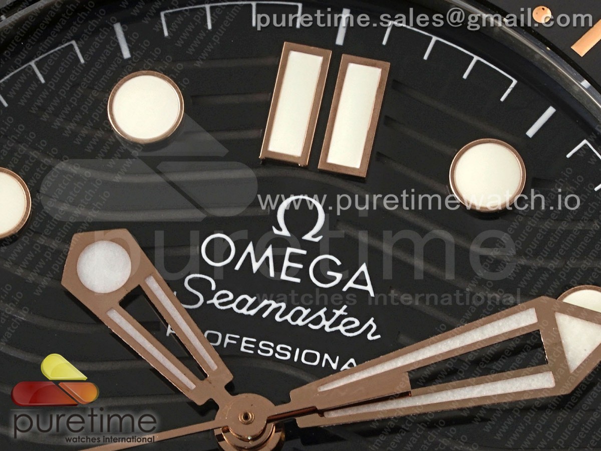 Seamaster Diver 300M SS/RG Black Ceramic Bezel JVSF Black Dial on SS/RG Bracelet A2824
