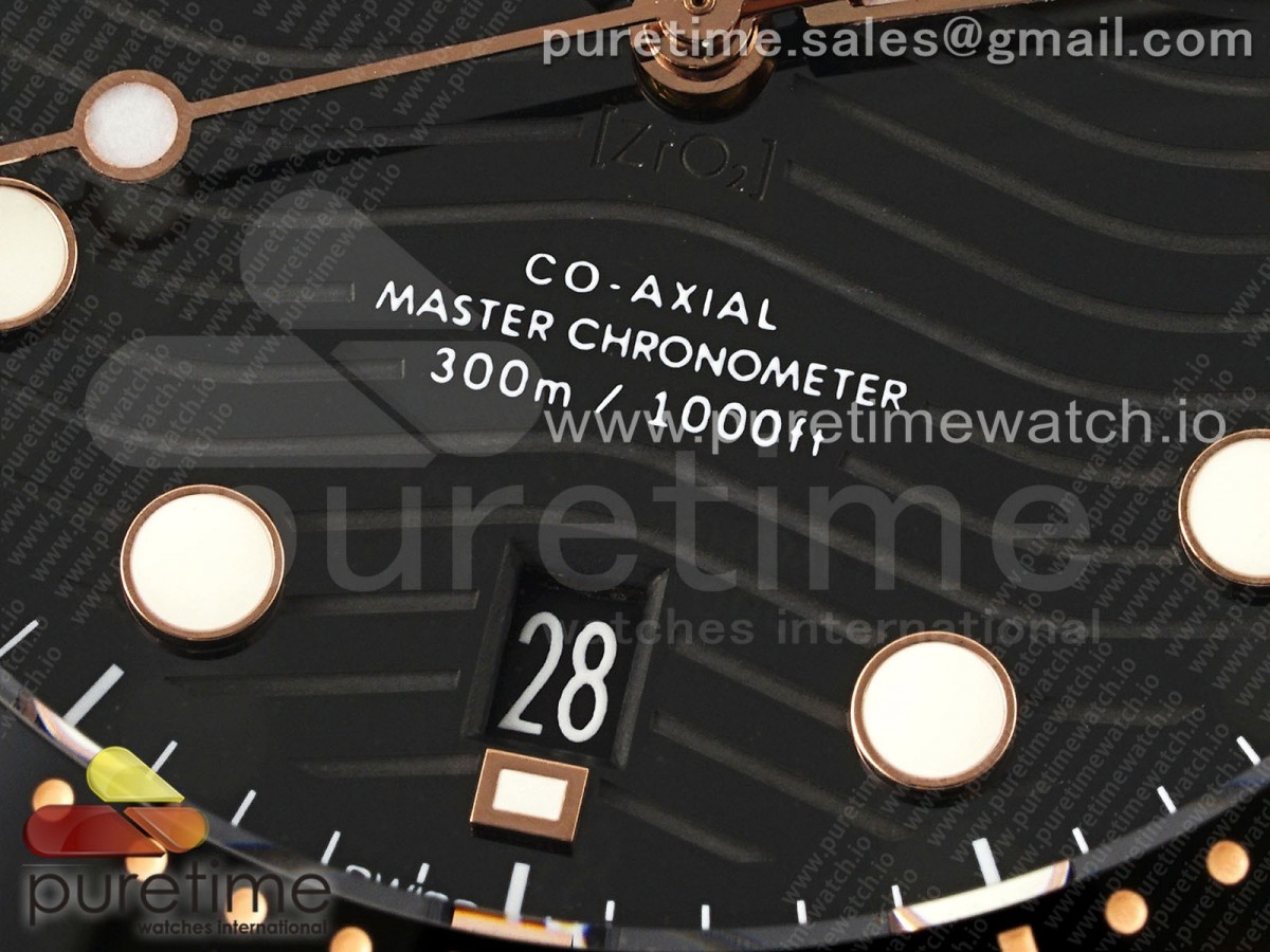 Seamaster Diver 300M SS/RG Black Ceramic Bezel JVSF Black Dial on SS/RG Bracelet A2824