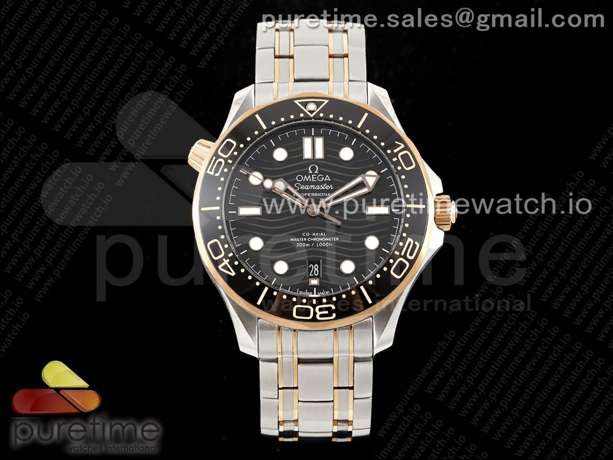 Seamaster Diver 300M SS/RG Black Ceramic Bezel JVSF Black Dial on SS/RG Bracelet A2824