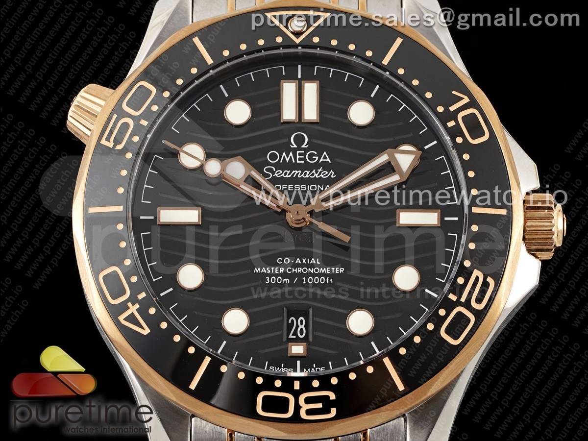 Seamaster Diver 300M SS/RG Black Ceramic Bezel JVSF Black Dial on SS/RG Bracelet A2824