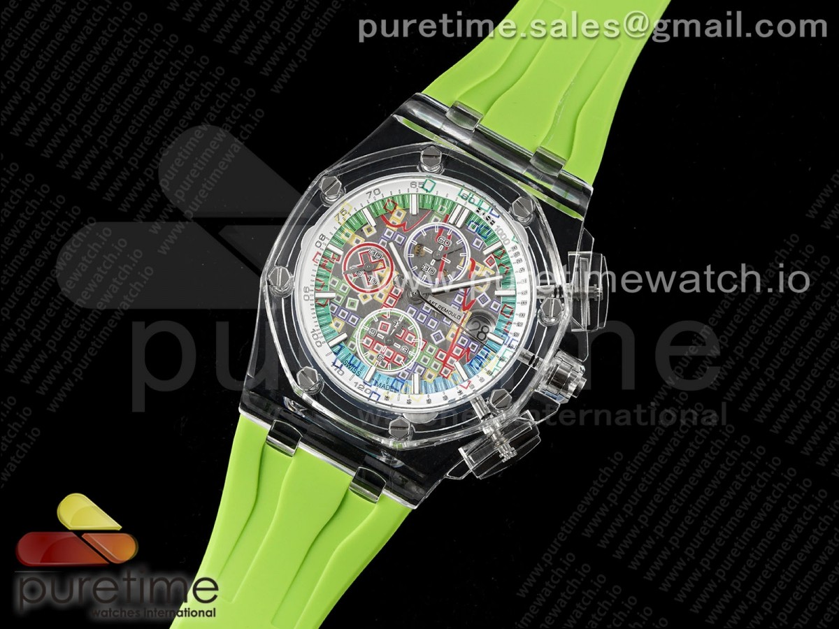Royal Oak Offshore 44mm Transparent APF Colorful Dial on Green Rubber Strap A3126
