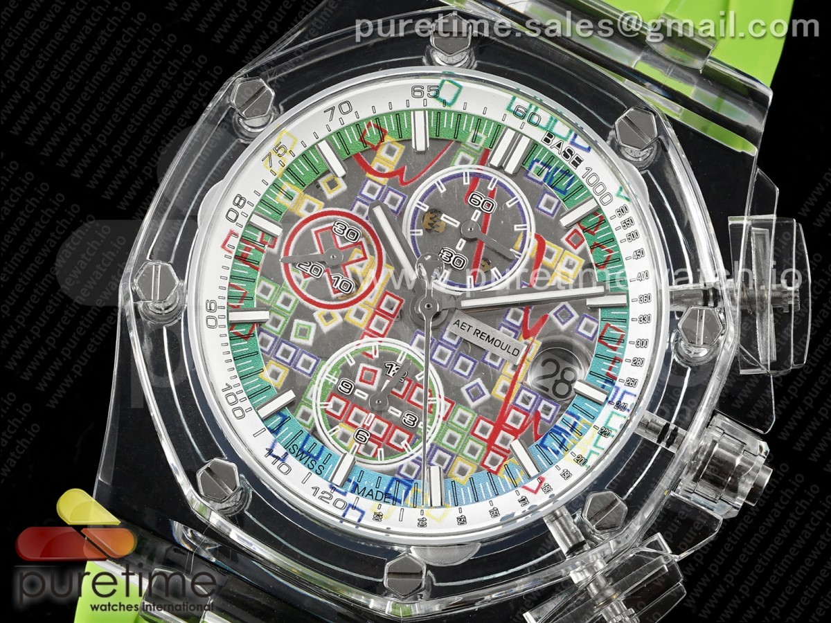 Royal Oak Offshore 44mm Transparent APF Colorful Dial on Green Rubber Strap A3126