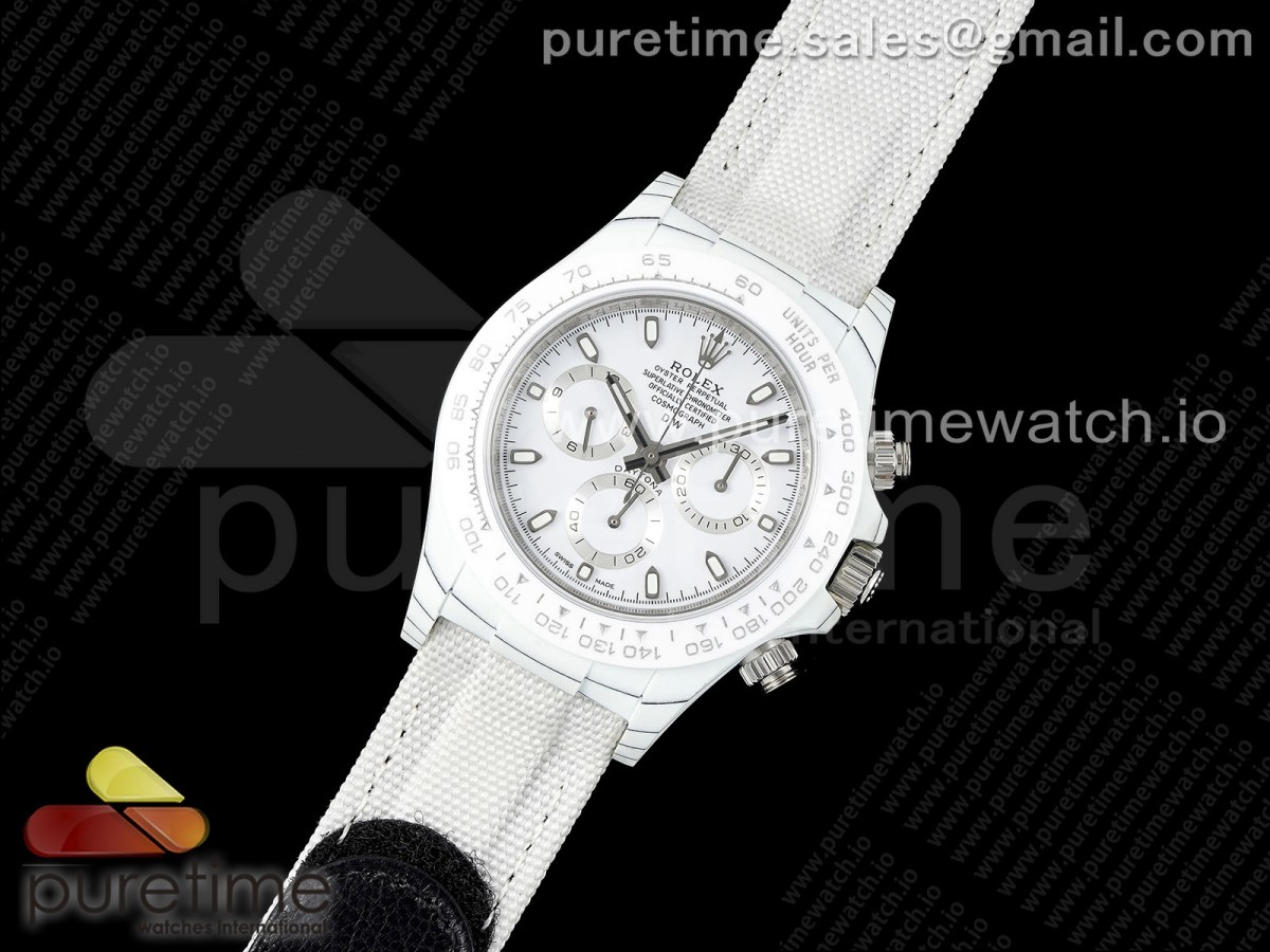 Daytona DIW White Carbon Case DIWF Edition White Dial Ceramic Bezel on White Nylon Strap A7750
