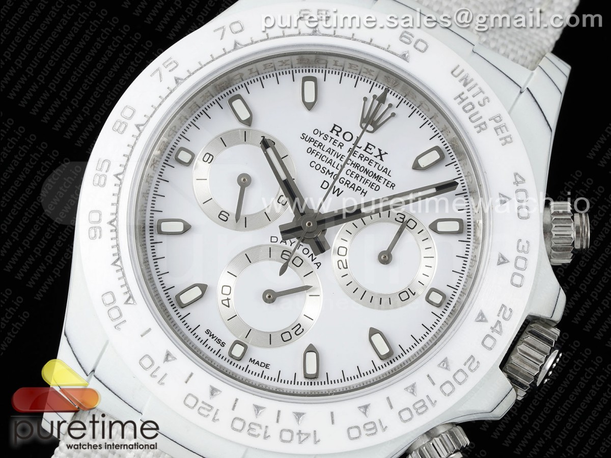 Daytona DIW White Carbon Case DIWF Edition White Dial Ceramic Bezel on White Nylon Strap A7750