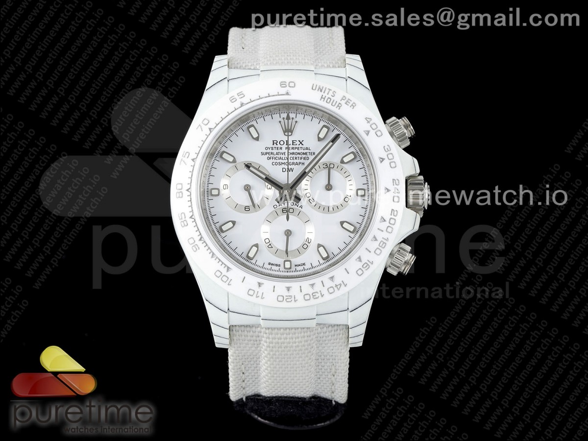 Daytona DIW White Carbon Case DIWF Edition White Dial Ceramic Bezel on White Nylon Strap A7750