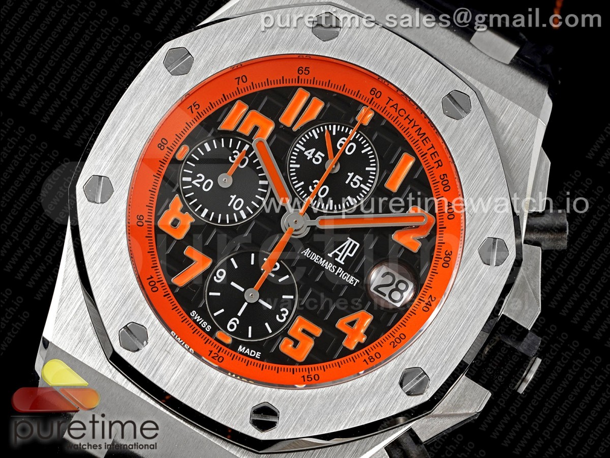Royal Oak Offshore 42mm SS APF Black Dial Orange Markers on Black Leather Strap A7750
