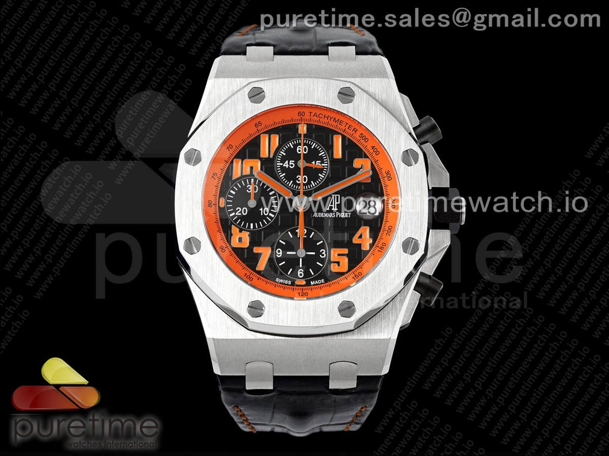 Royal Oak Offshore 42mm SS APF Black Dial Orange Markers on Black Leather Strap A7750