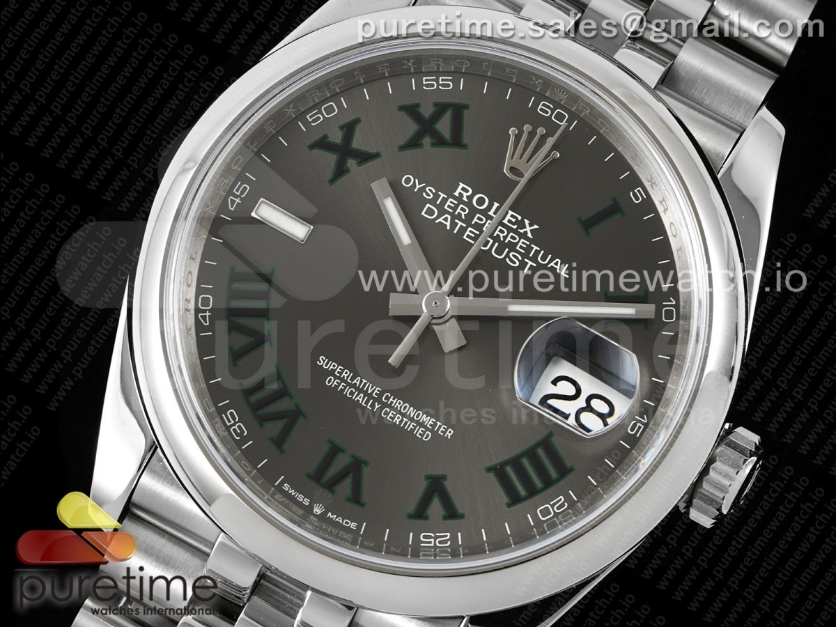 DateJust 36 SS 126200 VSF 904L Steel Gray Dial Green Roman on Jubilee Bracelet VS3235