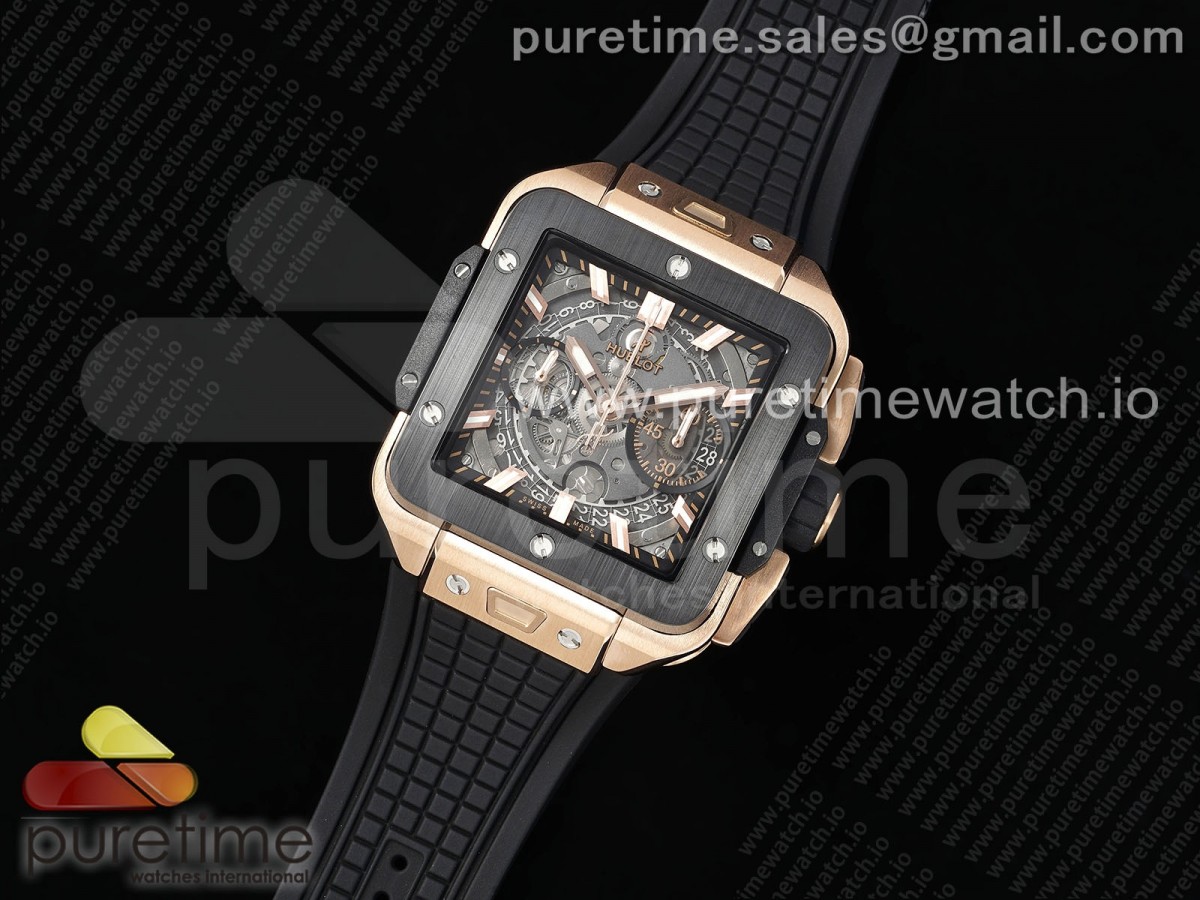 Square Bang Unico 42mm RG BBF Skeleton Dial Ceramic Bezel on Black Rubber Strap A1280