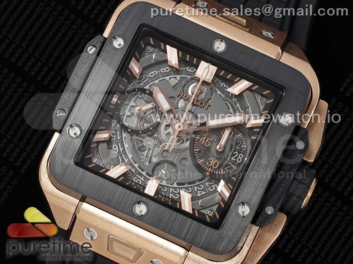 Square Bang Unico 42mm RG BBF Skeleton Dial Ceramic Bezel on Black Rubber Strap A1280