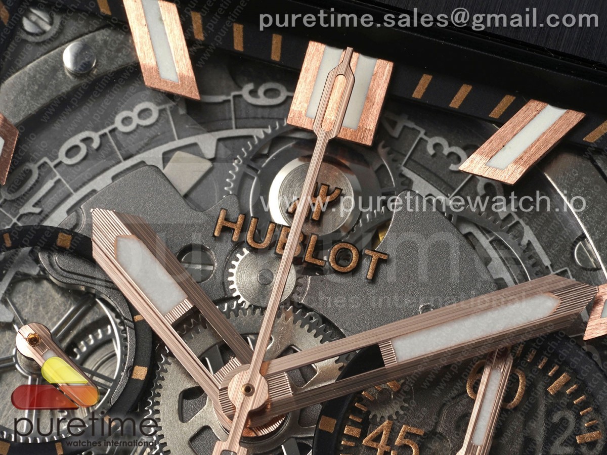 Square Bang Unico 42mm RG BBF Skeleton Dial Ceramic Bezel on Black Rubber Strap A1280