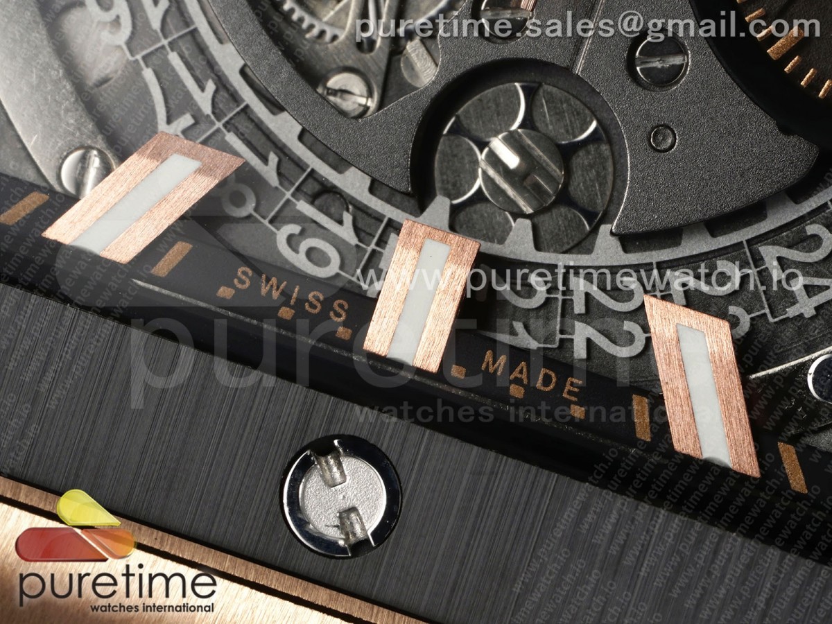 Square Bang Unico 42mm RG BBF Skeleton Dial Ceramic Bezel on Black Rubber Strap A1280