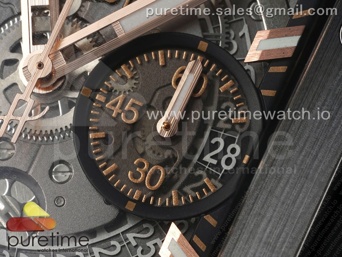 Square Bang Unico 42mm RG BBF Skeleton Dial Ceramic Bezel on Black Rubber Strap A1280