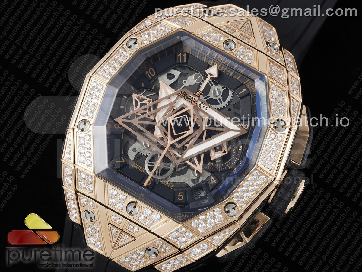 Spirit of Big Bang Sang Bleu RG Full Diamonds BLSF Edition Skeleton Dial on Black Rubber Strap A7750